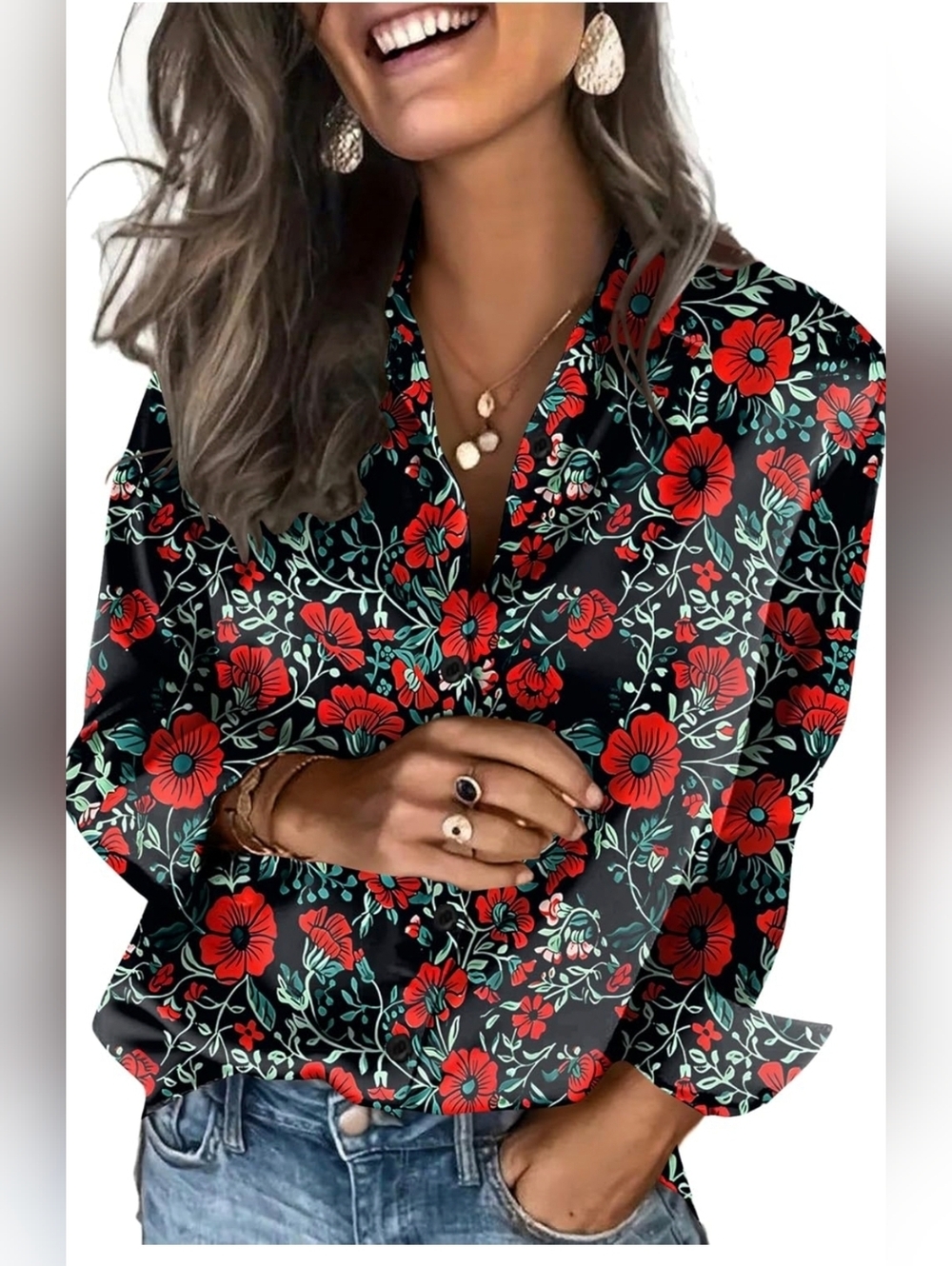 zeagoo Black Blouse with Red Floral Print